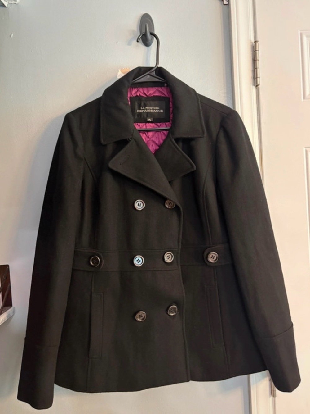 Black Double-Breasted Peacoat with Quilted Lining by Renaissance